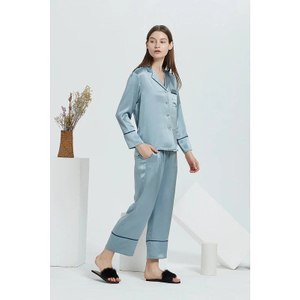 Großhandel chinesische Designer blaue Seide Pjs mit langen Ärmeln für Frauen